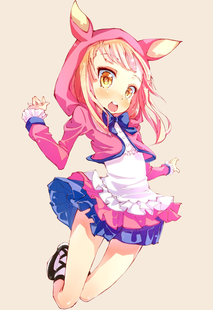 akb0048 animal_ears blunt_bangs blush commentary_request female hato_haru highres hood legs lolicon long_hair looking_at_viewer open_mouth orange_eyes orange_hair ribbon shinonome_sonata simple_background skirt solo