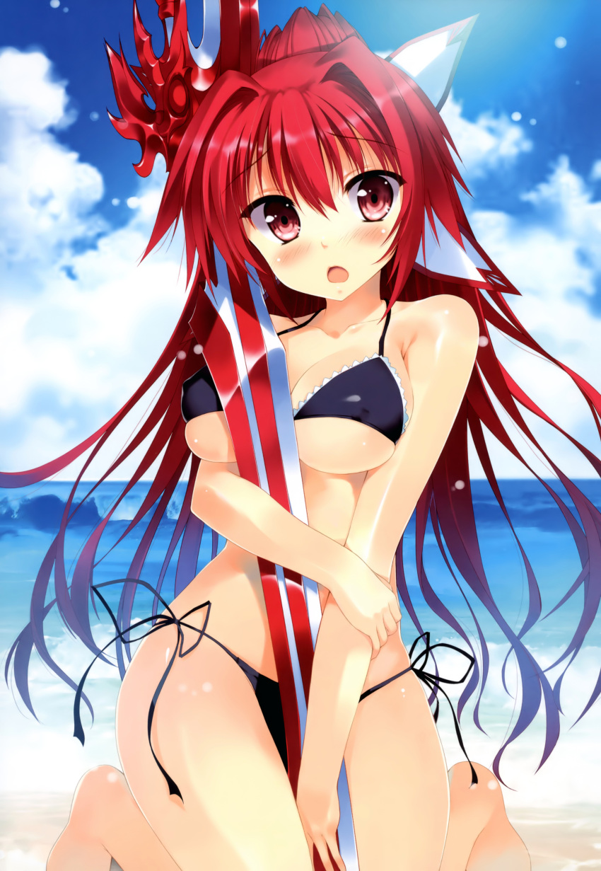 absurdres bare_shoulders beach bikini black_bikini blush breasts cleavage cloud covered_nipples day female halterneck highres hugging_object kneeling koiken_otome large_breasts long_hair looking_at_viewer open_mouth outdoors photoshop_(medium) ponytail red_eyes red_hair shiny_skin side-tie_bikini_bottom skindentation solo source_request string_bikini swimsuit sword tateha_(marvelous_grace) weapon yasukuni_akane