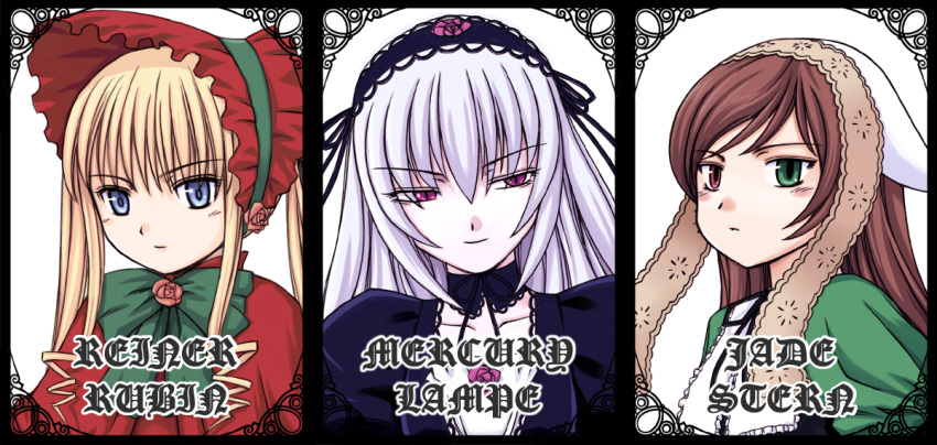 3girls blonde_hair blue_eyes brown_hair commentary_request flower german_text gothic_lolita green_eyes hairband heterochromia lace lolita_fashion multiple_girls orebalgum red_eyes ribbon rose rozen_maiden shinku suigintou suiseiseki twintails white_hair