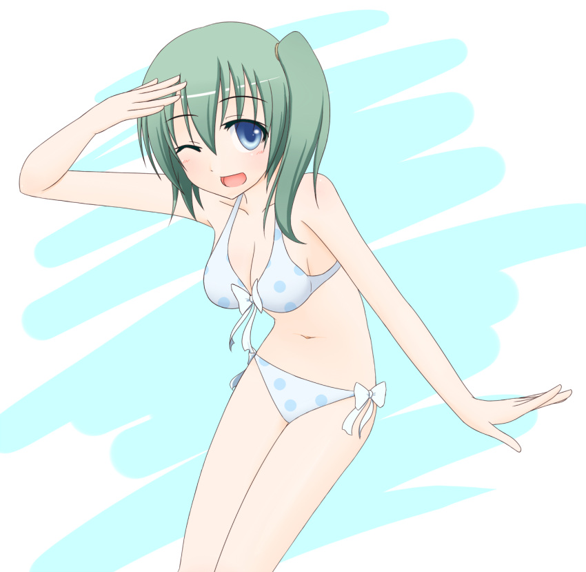 bad_id bad_pixiv_id bare_legs bare_shoulders bikini blue_eyes bow bow_bikini breasts cleavage collarbone daiyousei edamame_(barium) female front-tie_top green_hair highres looking_at_viewer medium_breasts navel no_wings one_eye_closed open_mouth polka_dot polka_dot_bikini side-tie_bikini_bottom side_ponytail smile solo swimsuit touhou