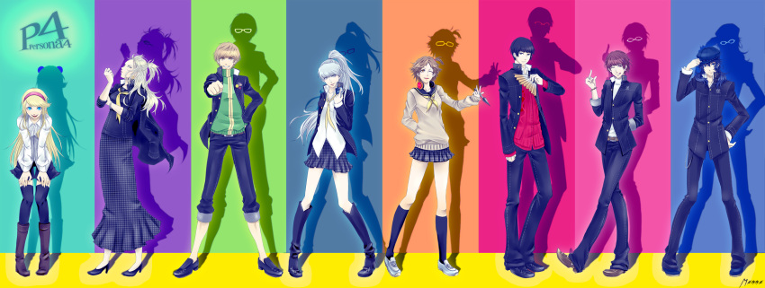 4boys 4girls ;q amagi_yukiko boots commentary_request everyone folding_fan genderswap_(ftm) genderswap_(mtf) glasses grin hanamura_yousuke hand_fan hat headphones headphones_around_neck highres kujikawa_rise kuma_(persona_4) kunai long_hair manna manna_(sghrm6ma) multiple_boys multiple_girls narukami_yuu one_eye_closed persona persona_4 ponytail rule_63 satonaka_chie school_uniform sghrm6ma shadow shirogane_naoto short_hair side_ponytail skirt smile tatsumi_kanji thighhighs tongue tongue_out weapon