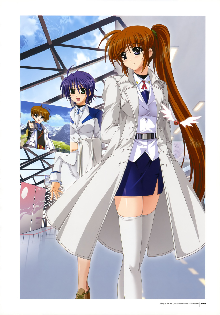 1boy 2girls :d absurdres blush brown_hair coat energy_wings green_eyes higa_yukari highres holographic_monitor jacket legs long_hair lyrical_nanoha mahou_senki_lyrical_nanoha_force military military_uniform miniskirt multiple_girls official_art open_clothes open_coat open_mouth pantyhose pencil_skirt planet purple_eyes purple_hair raising_heart raising_heart_(standby_mode) red_hair scan see-through see-through_legwear short_hair side_ponytail side_slit skirt smile subaru_nakajima takamachi_nanoha thighhighs thighs thoma_avenir thumbs_up trench_coat tsab_air_military_uniform tsab_rescue_military_uniform uniform very_long_hair white_legwear wings zettai_ryouiki