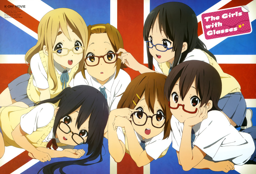 6+girls :d absurdres adjusting_another's_eyewear adjusting_eyewear akiyama_mio animage bespectacled black_eyes black_hair blonde_hair blue_eyes brown_eyes brown_hair d: dress_shirt english_text flag_background glasses hair_ornament hairband hairclip hand_on_own_cheek hand_on_own_face highres hime_cut hirasawa_yui horiguchi_yukiko k-on! k-on!_movie kotobuki_tsumugi long_hair lying manabe_nodoka multiple_girls nakano_azusa official_art on_back open_mouth red-framed_eyewear round_teeth sakuragaoka_high_school_uniform scan school_uniform semi-rimless_eyewear shirt shoes short_hair skirt smile sweater_vest tainaka_ritsu teeth thick_eyebrows twintails union_jack united_kingdom uwabaki