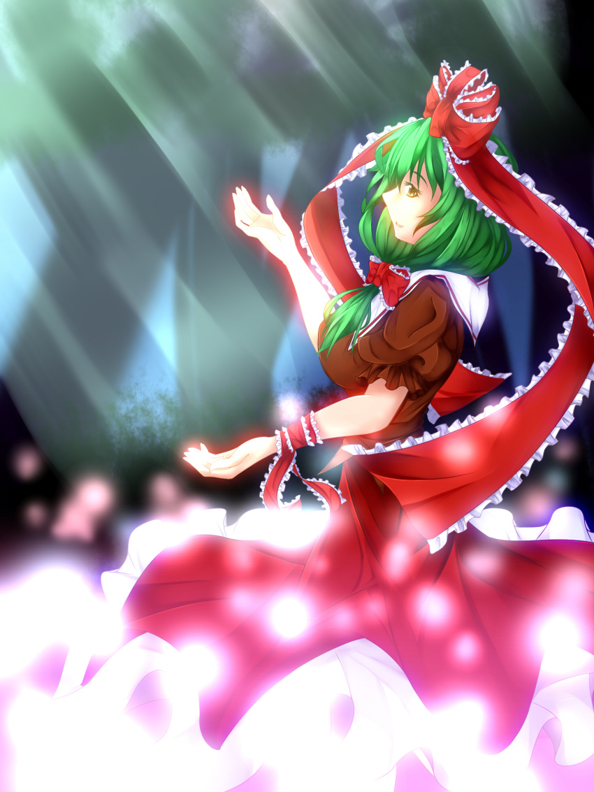 arm_ribbon bad_id bad_pixiv_id bow breasts dress female frills front_ponytail green_eyes green_hair hair_ornament hair_ribbon hairbow highres kagiyama_hina kamitsuki_shion light light_particles long_hair medium_breasts open_mouth red_dress ribbon solo standing touhou