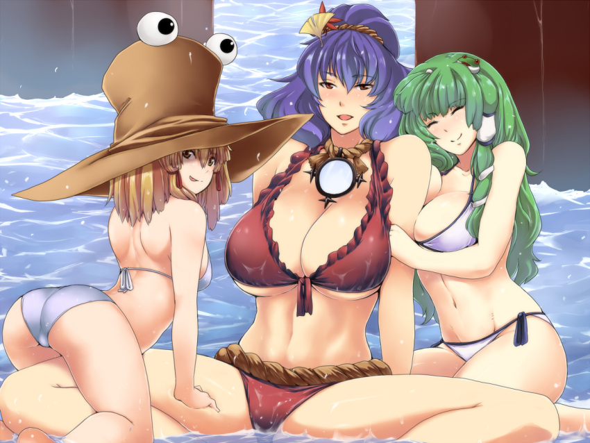 3girls arm_hug ass bikini blonde_hair breasts breasts_squeezed_together cleavage closed_eyes commentary_request frog_hair_ornament front-tie_top green_hair hair_ornament hair_ribbon hat huge_breasts kochiya_sanae large_breasts licking_lips looking_at_viewer looking_back mirror moriya_suwako multiple_girls navel open_mouth purple_hair red_bikini red_eyes ribbon side-tie_bikini_bottom sitting smile snake spread_legs swimsuit tobisawa tongue tongue_out touhou trefoil underboob water wet wet_clothes white_bikini yasaka_kanako yellow_eyes