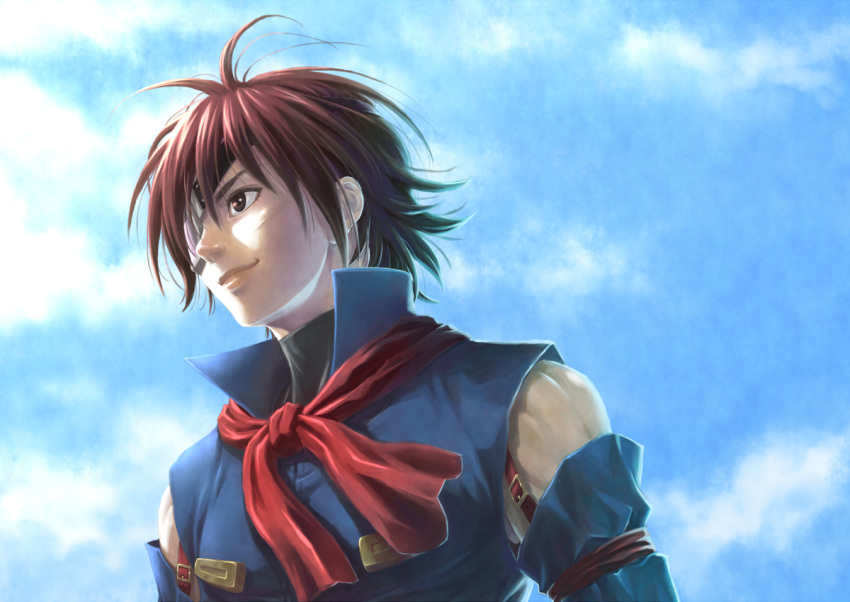 1boy bad_id bad_pixiv_id brown_eyes brown_hair buckle cloud day detached_sleeves eternal_arcadia eyepatch kyotuka male_focus muscular scar scarf sky smile solo vyse