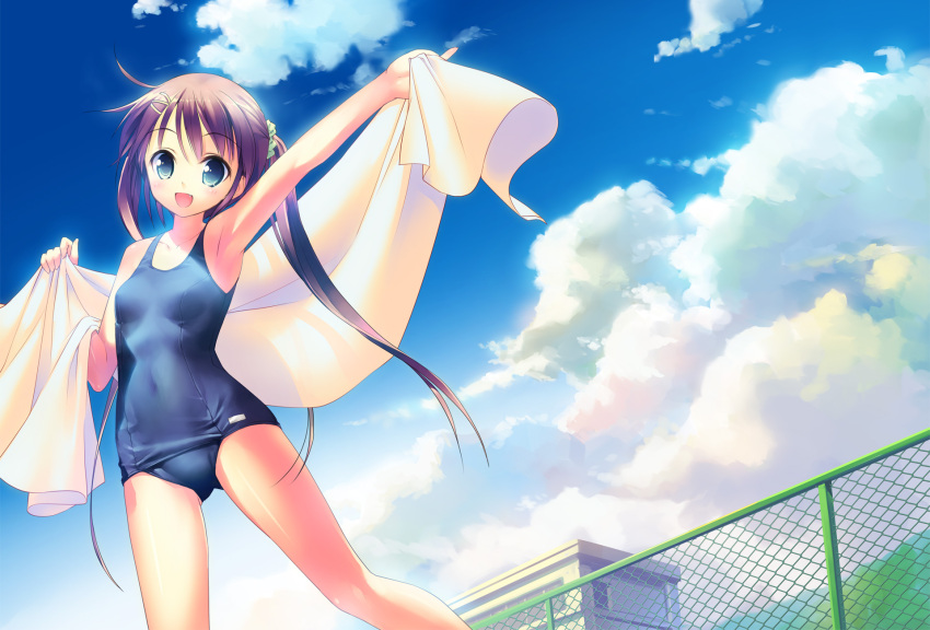 :d blue_eyes blue_one-piece_swimsuit blush brown_hair cloud commentary_request day female fence hair_ornament highres holding long_hair looking_at_viewer oerba_yun_fang one-piece_swimsuit open_mouth open_towel original photoshop_(medium) school_swimsuit sky smile solo swimsuit takoyaki_(roast) towel twintails