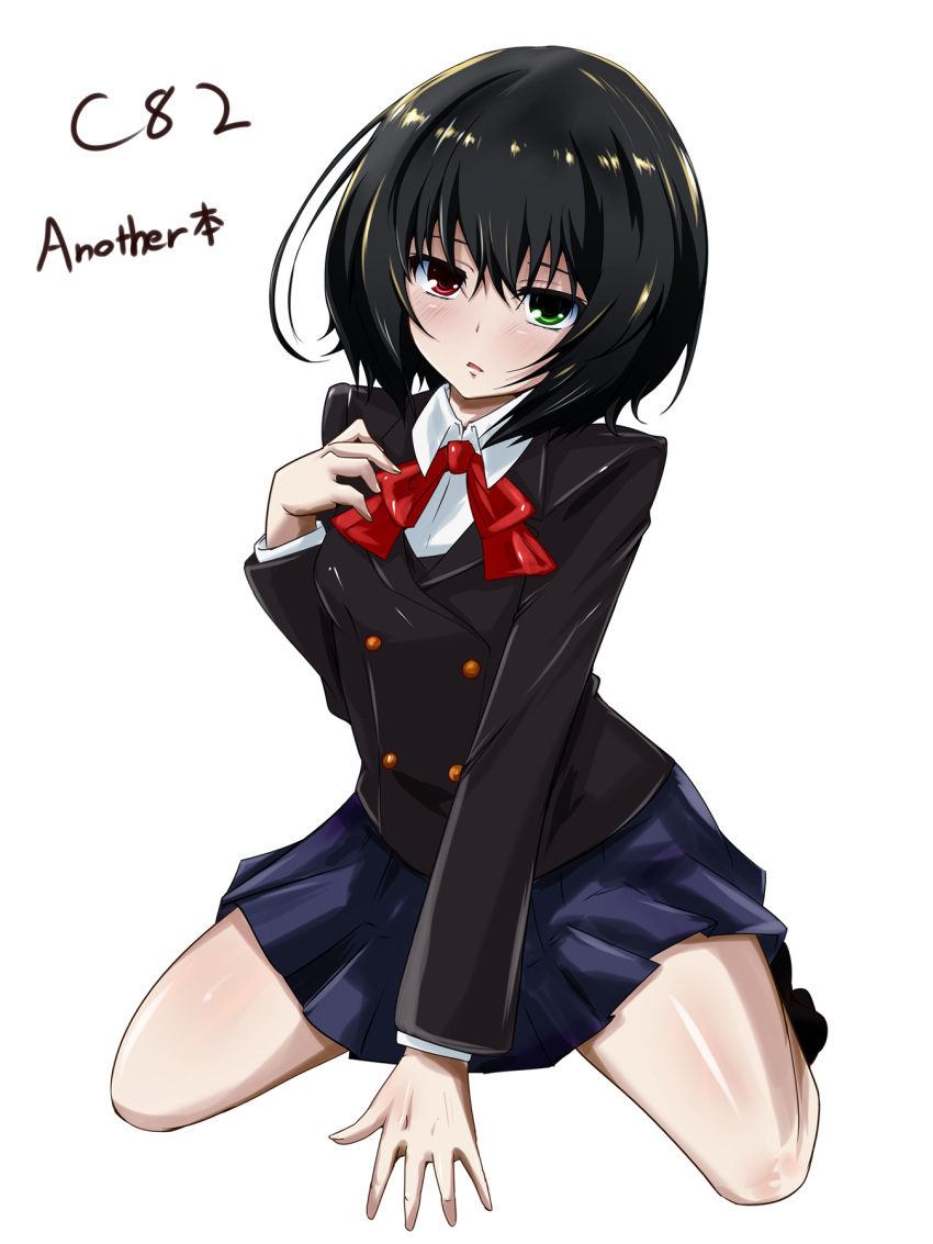 another beni-bana black_hair blush commentary_request female green_eyes heterochromia highres misaki_mei no_eyepatch open_mouth red_eyes school_uniform short_hair simple_background sitting solo wariza white_background yomiyama_north_junior_high_school_uniform