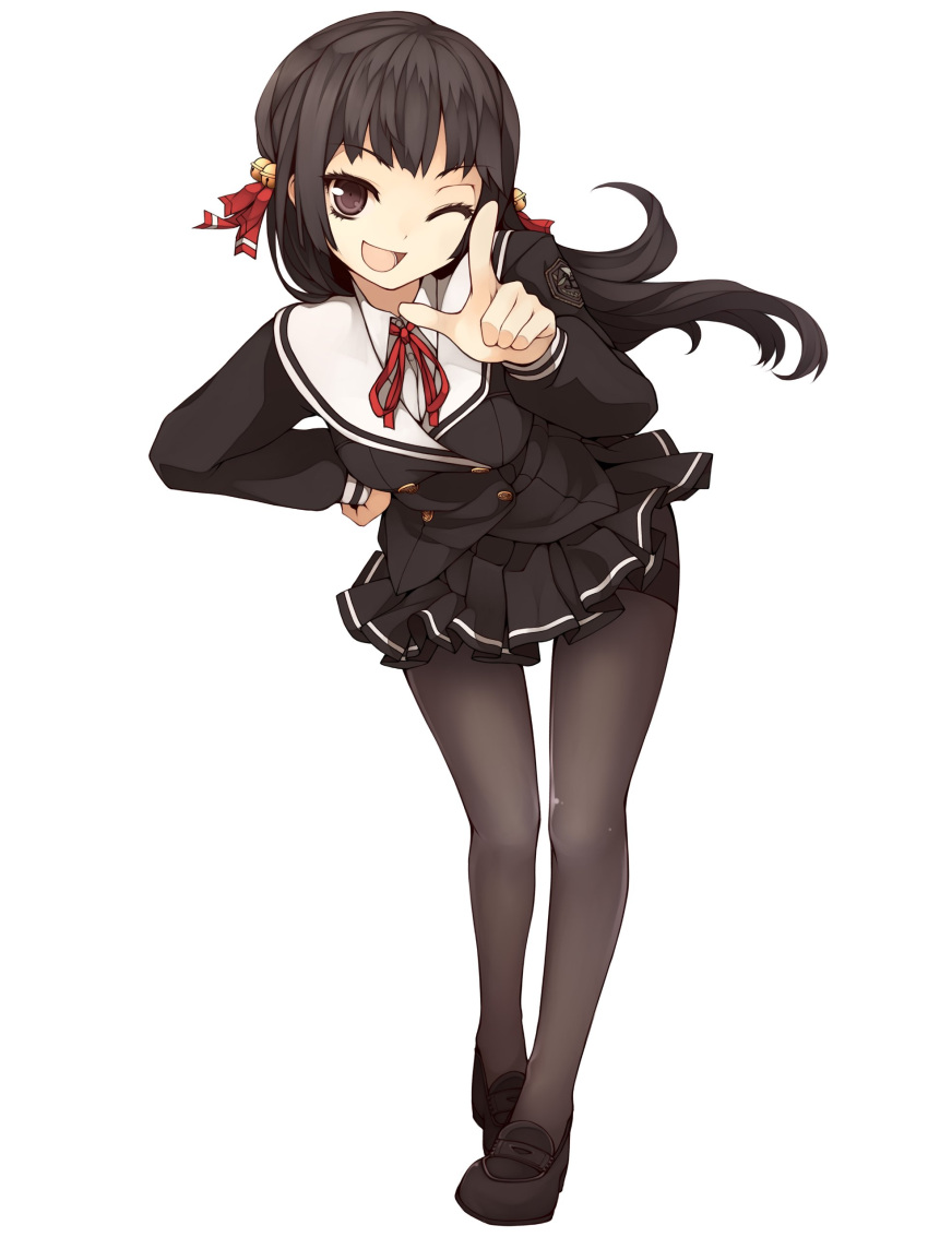 ;d absurdres bell black_eyes black_hair black_pantyhose eyelashes female full_body hair_bell hair_ornament hand_on_own_hip highres himenokouji_akiko index_finger_raised jingle_bell leaning_forward loafers official_art one_eye_closed onii-chan_dakedo_ai_sae_areba_kankeinai_yo_ne open_mouth pantyhose pointing school_uniform shoes simple_background smile solo thighband_pantyhose uruu_gekka white_background