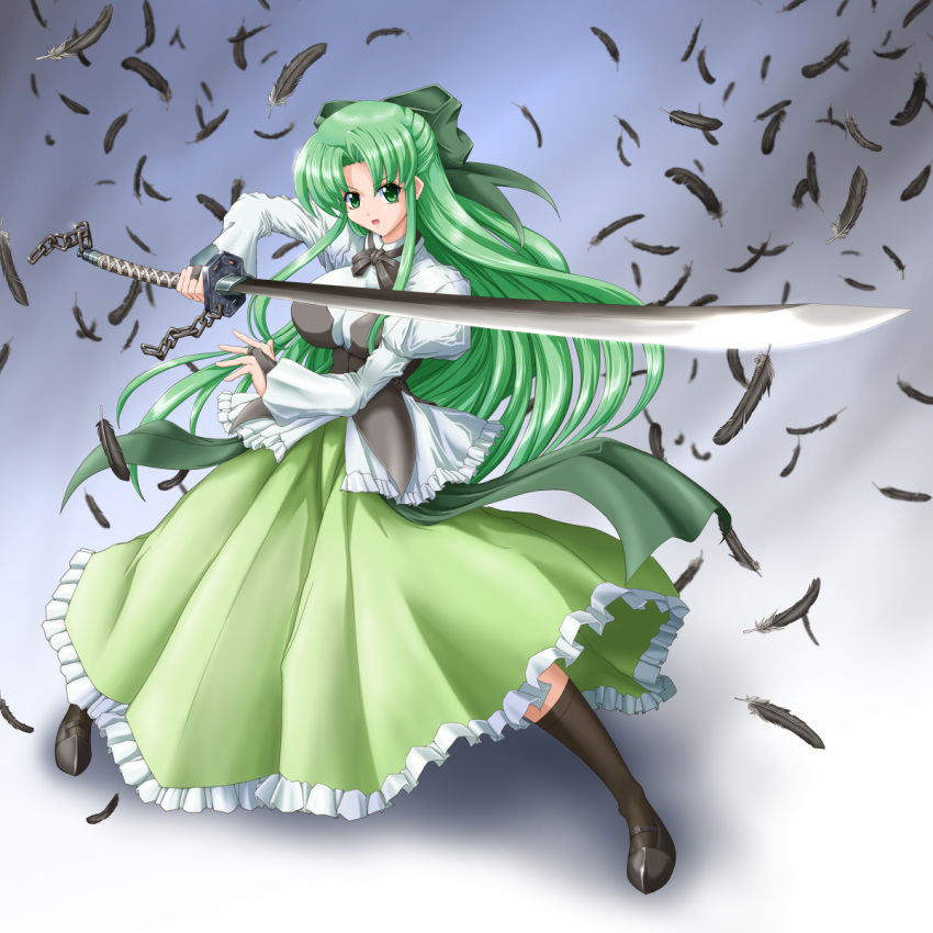 black_feathers commentary_request feathers female fia_(riviera) green_eyes green_hair half_updo highres katana long_hair looking_at_viewer open_mouth raochuu ribbon riviera solo sword very_long_hair weapon