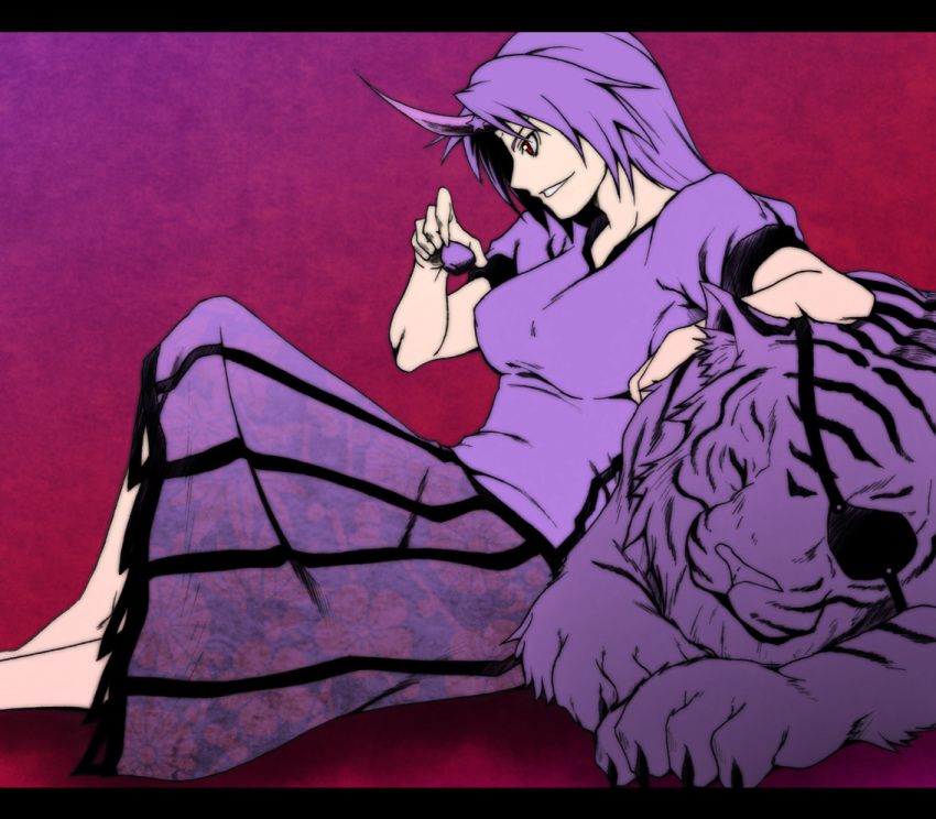 846-gou bad_id bad_pixiv_id breasts closed_eyes cup eyepatch female horns hoshiguma_yuugi large_breasts letterboxed long_hair long_skirt monochrome profile purple_theme sakazuki single_horn skirt sleeping solo tiger touhou