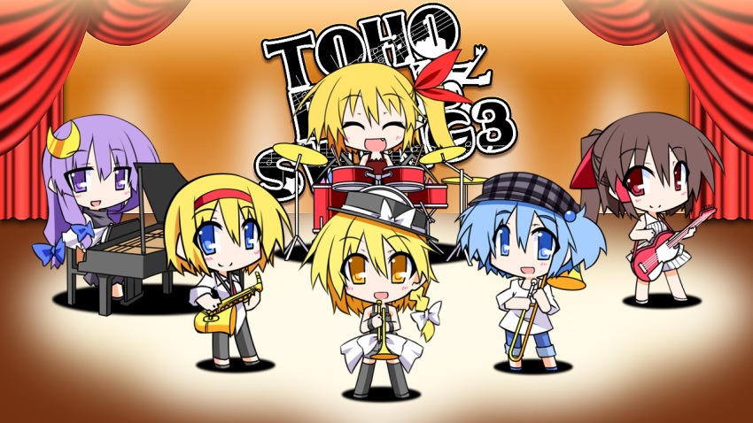 6+girls ^_^ alice_margatroid band blonde_hair blue_eyes blue_hair braid brown_hair closed_eyes commentary_request contemporary crescent cymbals dress dress_shirt drum drum_set flandre_scarlet guitar hair_bobbles hair_ornament hair_ribbon hair_tubes hakurei_reimu hat hemogurobin_a1c instrument kawashiro_nitori kirisame_marisa long_hair multiple_girls necktie no_headwear oerba_yun_fang open_mouth patchouli_knowledge photoshop_(medium) piano ponytail purple_eyes purple_hair red_eyes ribbon saxophone shirt short_hair side_braid side_ponytail smile touhou trombone trumpet two_side_up white_dress