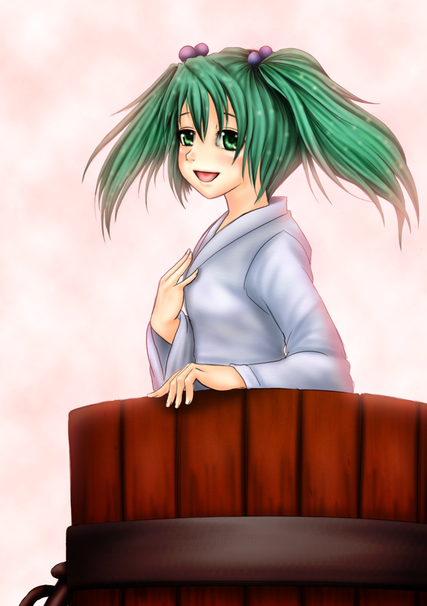 absurdres blush bucket green_eyes green_hair hair_bobbles hair_ornament highres in_bucket in_container kisume long_sleeves open_mouth short_hair solo tk8d32 touhou twintails wide_sleeves wooden_bucket