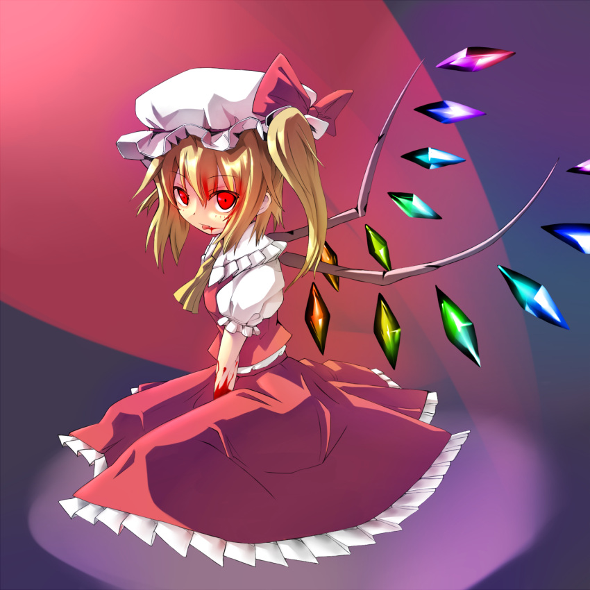 ascot blonde_hair blood bow commentary_request crystal female flandre_scarlet hat hat_bow highres oerba_yun_fang puffy_sleeves red_eyes short_hair short_sleeves side_ponytail sitting solo tongue touhou unomi wings