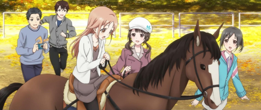 2boys 3girls :d :o animal anime_screenshot black_hair black_pantyhose brown_eyes brown_hair camera hat highres horse horseback_riding jacket maeda_atsuhiro miyamoto_konatsu multiple_boys multiple_girls official_art okita_sawa open_mouth pantyhose reins riding running sabure sakai_wakana short_hair sky smile sweater tanaka_taichi tari_tari