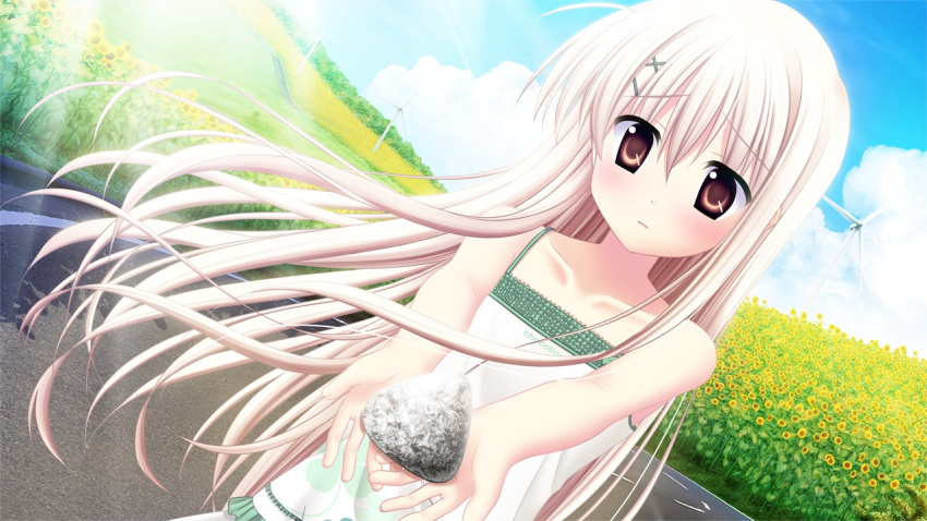 akizuki_tsukasa aqua blush brown_eyes dress game_cg long_hair tsukishiro_nanari