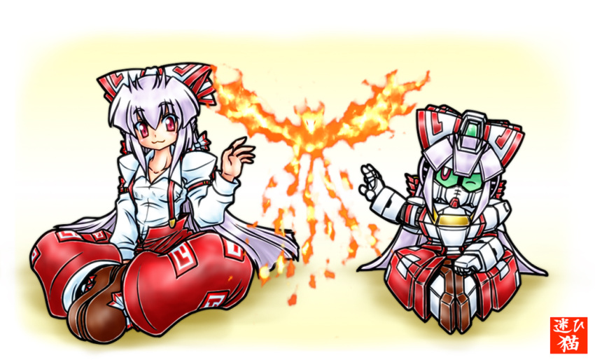 arm_garter bad_id bad_pixiv_id bird boots bow commentary_request crossover female fujiwara_no_mokou gundam hairbow light_purple_hair long_hair mayohi_neko mechanization open_mouth phoenix photoshop_(medium) red_eyes sd_gundam sitting suspenders touhou v2_gundam victory_gundam