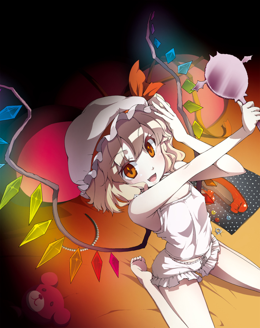 :d barefoot blonde_hair bloomers camisole commentary_request female flandre_scarlet hand_mirror highres kabayaki_unagi long_hair mirror oerba_yun_fang open_mouth pillow red_eyes smile solo stuffed_animal stuffed_toy teddy_bear touhou underwear underwear_only white_bloomers wings zytokine