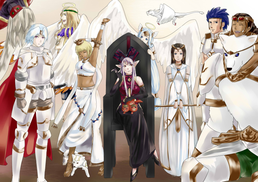 armor arms_up black_hair blonde_hair blue_hair circlet closed_eyes dark_skin dragon duel_monster everyone group halo highres lightsworn long_hair looking_at_viewer lumina_lightsworn_summoner lyla_lightsworn_sorceress midriff multiple_boys multiple_girls necro_gardna open_mouth pointy_ears ruin,_queen_of_oblivion short_hair sitting standing stretch sukumo_(kemutai) sweatdrop throne white_hair white_wings wings yu-gi-oh! yuu-gi-ou_duel_monsters