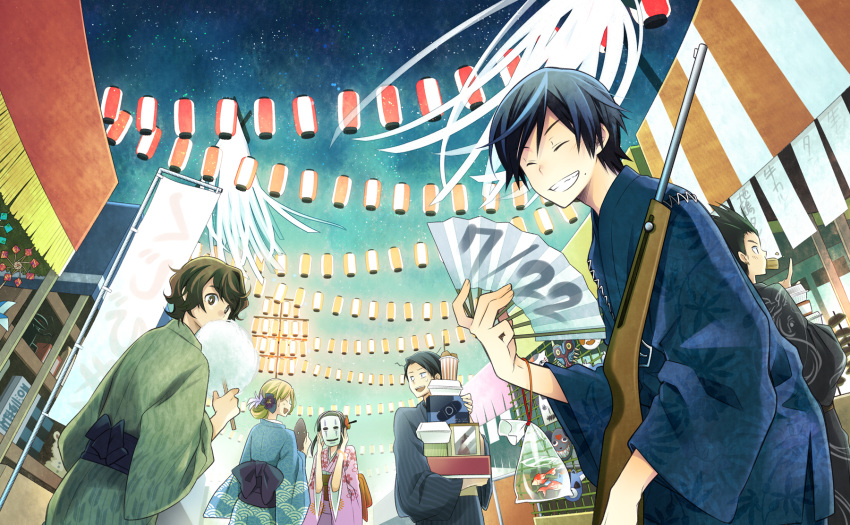 4boys ^_^ bad_id bad_pixiv_id bag bagged_fish banned_artist black_hair brown_eyes brown_hair closed_eyes cork_gun cotton_candy eating fan festival fish flower folding_fan food_in_mouth gemini_zodiarts goldfish gotou_toujirou grin gun hair_flower hair_ornament hair_stick hair_up highres japanese_clothes kamen_rider kamen_rider_fourze_(series) kijima_natsuji kimono lantern long_hair mask multiple_boys multiple_girls paper_lantern rifle seigaiha shooting_gallery smile suda_erin sugiura_yuuta summer_festival torino_rito weapon yagasuri yamada_tatsumori yukata