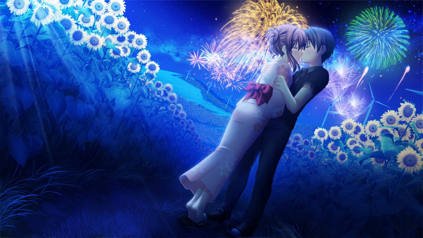 akizuki_tsukasa aqua brown_hair fireworks game_cg kissing nonomiya_chisa sky