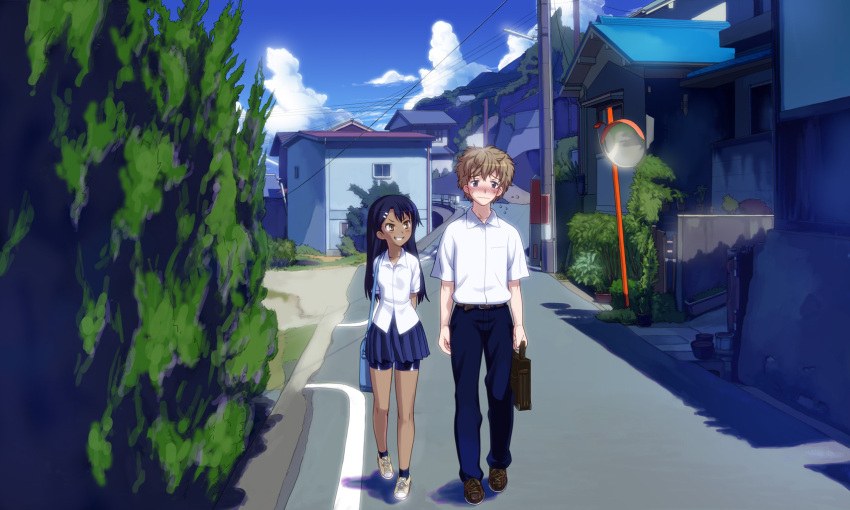 1boy 774_(nanashi) bag belt bike_shorts blue_eyes blue_hair blush brown_eyes brown_hair commentary day female hachiouji_naoto hair_ornament hairclip highres ijiranaide_nagatoro-san long_hair nagatoro_hayase outdoors pants petite photoshop_(medium) school_uniform shirt shoes short_hair skirt smirk sneakers summer tan