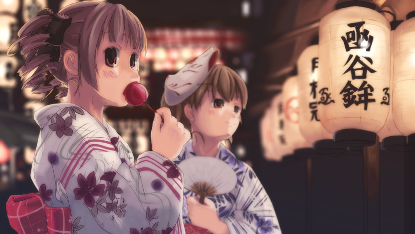 2girls blurry brown_hair candy_apple commentary_request depth_of_field drill_hair food fukuzawa_yumi hand_fan haya_bs japanese_clothes kimono lantern looking_at_viewer maria-sama_ga_miteru mask matsudaira_touko multiple_girls obi paper_fan sash sweets twintails uchiwa yukata