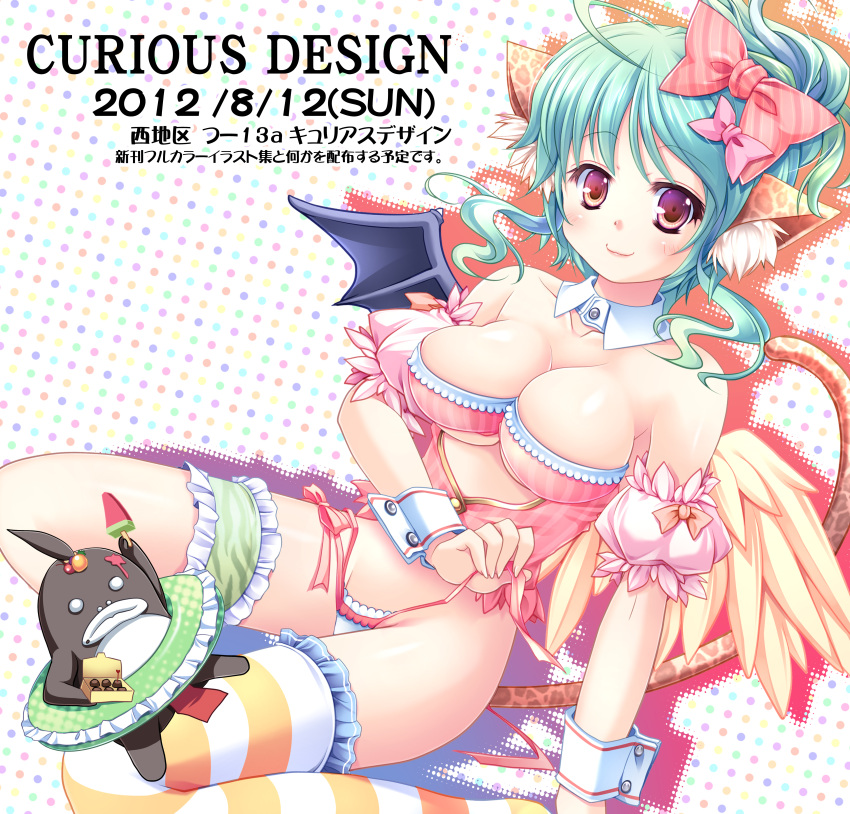 absurdres angel_wings animal_ears asymmetrical_legwear bare_shoulders bat_wings blue_hair blush bow breasts bridal_garter cat_ears cleavage commentary_request evemoina female food fruit hairbow highres innertube large_breasts looking_at_viewer mismatched_legwear original panties panty_pull photoshop_(medium) popsicle purple_eyes side-tie_panties single_thighhigh smile solo striped_clothes striped_thighhighs swim_ring tail thighhighs underwear watermelon wings wrist_cuffs