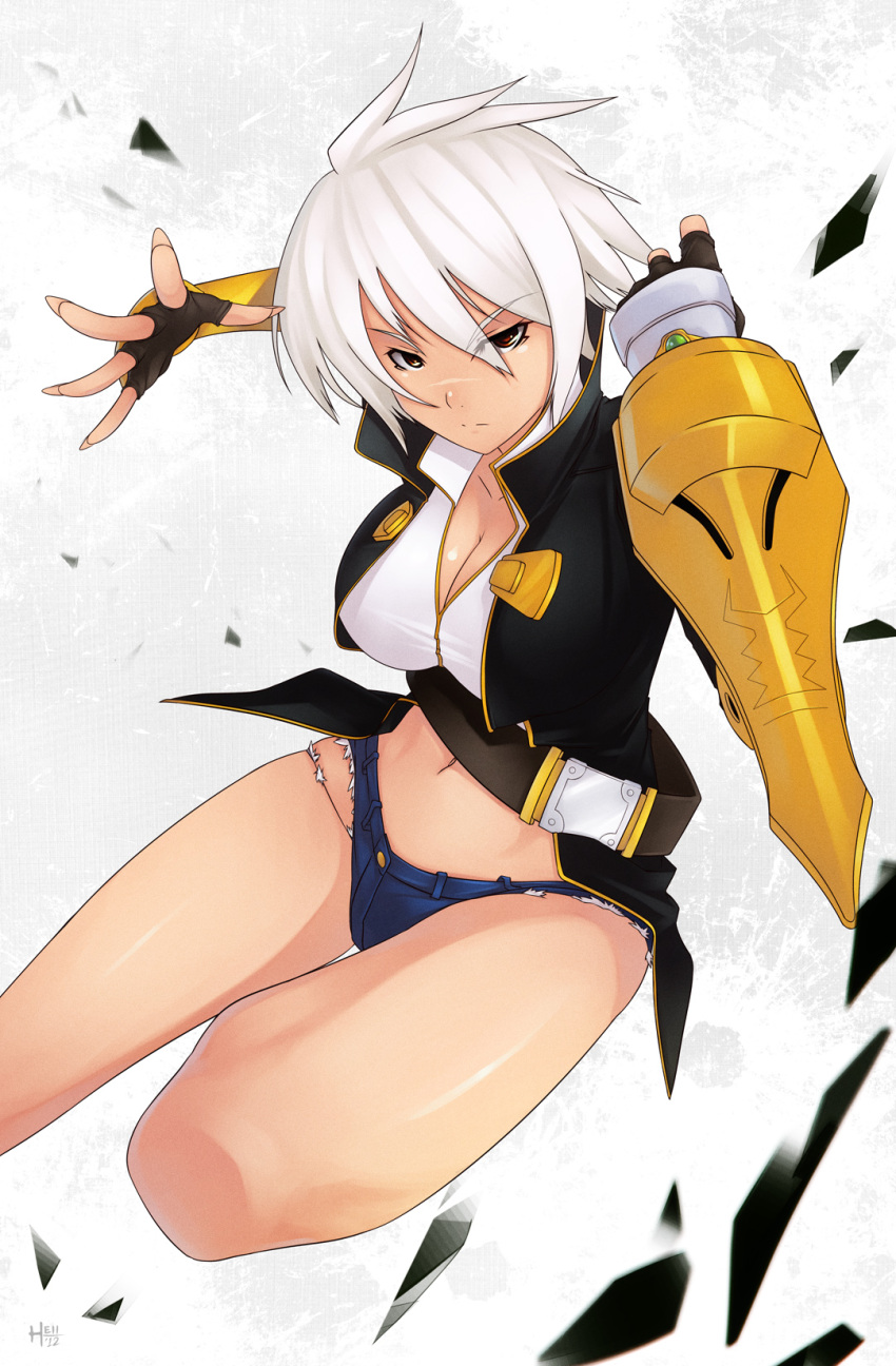 belt blazblue blazblue:_chronophantasma breasts bullet_(blazblue) commentary_request cutoffs dark_skin denim denim_shorts elbow_pads female fingerless_gloves gloves hell_machina highres large_breasts photoshop_(medium) red_eyes scar shorts thighs white_hair