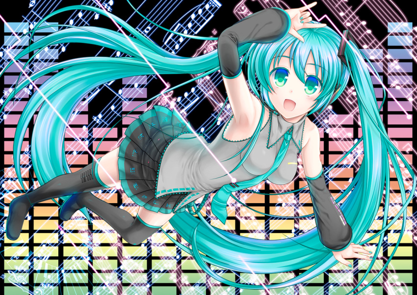 :d \m/ aqua_eyes aqua_hair arm_up armpits bad_id bad_pixiv_id bare_shoulders bass_clef beamed_eighth_notes beamed_sixteenth_notes black_thighhighs blush boots detached_sleeves dotted_quarter_note eighth_note female half_note hatsune_miku long_hair musical_note natural_sign necktie open_mouth quarter_note sharp_sign shigemiya_kyouhei skirt smile solo thigh_boots thighhighs treble_clef twintails very_long_hair vocaloid whole_note