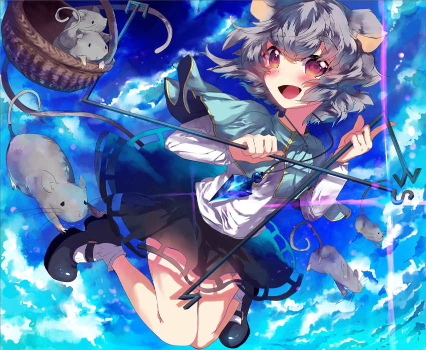 absurdres animal animal_ears basket belt blush capelet commentary_request dowsing_rod female grey_hair highres hoshika_ranoe jewelry mary_janes mouse_(animal) mouse_ears multicolored_eyes nazrin open_mouth pendant red_eyes shoes short_hair solo tail touhou yellow_eyes