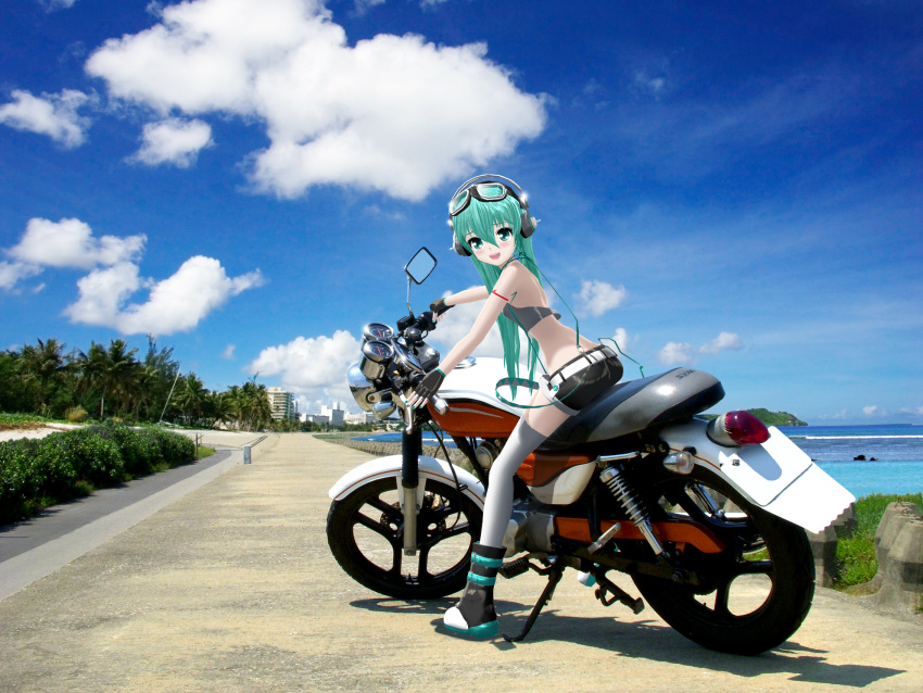 3d beach blush boots cloud commentary_request day female fingerless_gloves gloves goggles goggles_on_head hatsune_miku headphones highres long_hair looking_at_viewer looking_back mikumikudance_(medium) motor_vehicle motorcycle open_mouth outdoors palm_tree photoshop_(medium) shorts sky smile solo suspenders thighhighs tree vocaloid yunagi_(ektyr_y)