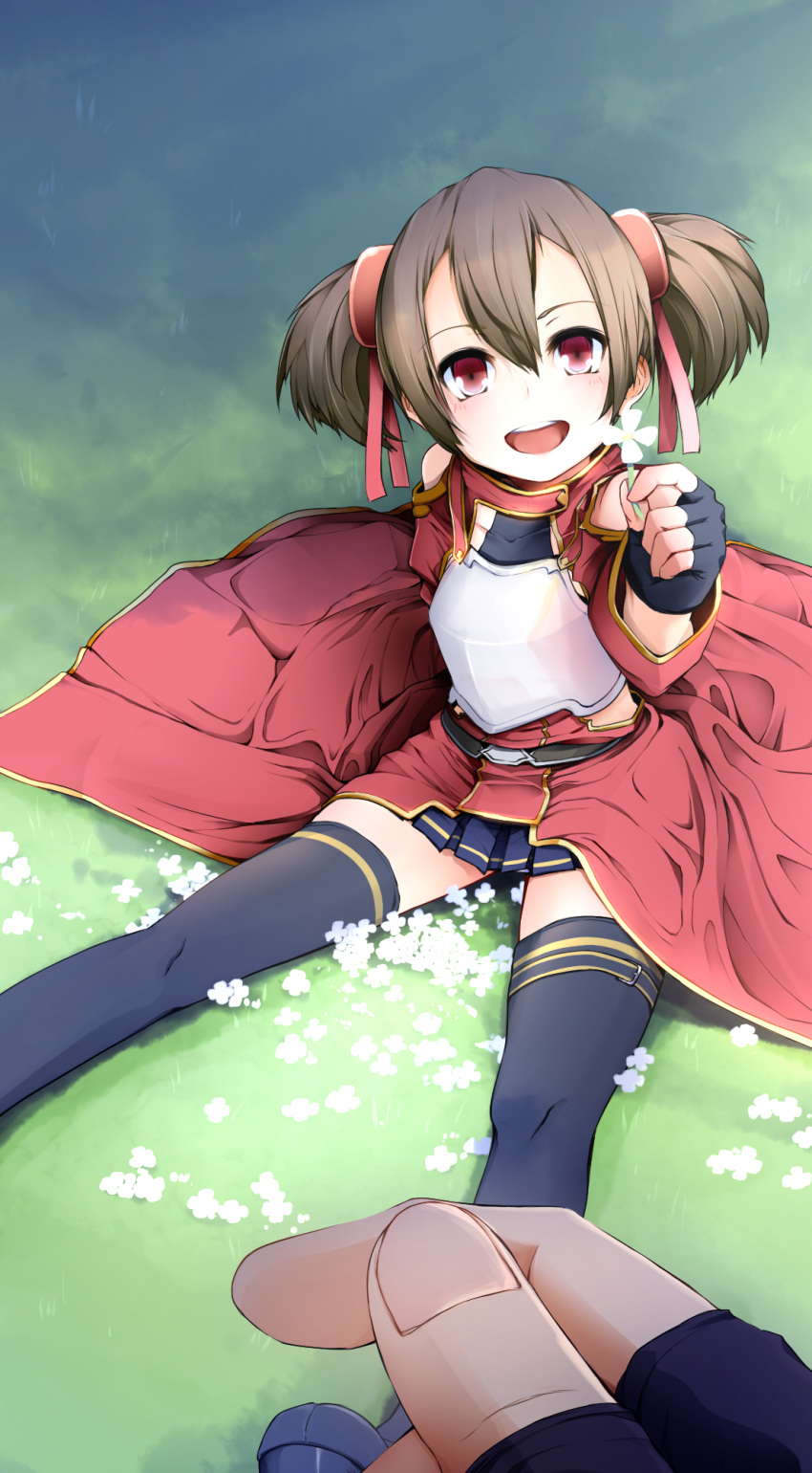 armor black_thighhighs breastplate brown_hair commentary_request female fingerless_gloves flower gloves grass highres looking_at_viewer momo_(higanbana_and_girl) open_mouth pov red_eyes short_twintails silica sitting smile solo_focus sword_art_online thighhighs twintails weapon