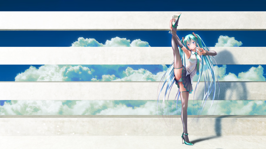 aqua_eyes aqua_hair arm_up armpits black_thighhighs blush bra commentary_request detached_sleeves eyelashes female fingernails flexible hatsune_miku high_heels highres leg_lift leg_up long_hair looking_at_viewer nail_polish necktie panties pleated_skirt see-through shoes skirt smile solo split standing standing_on_one_leg standing_split striped_bra striped_clothes striped_panties thighhighs thighs twintails underwear upskirt v very_long_hair vocaloid wokada