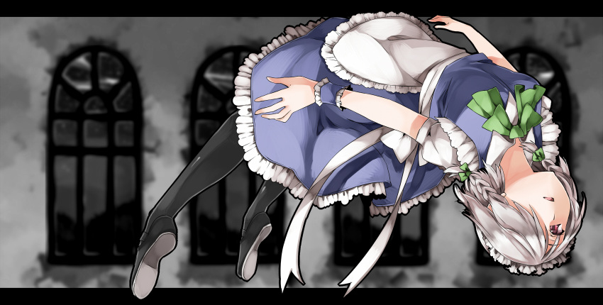 akagashi_hagane arched_back bad_id bad_pixiv_id black_pantyhose braid female hair_over_one_eye highres izayoi_sakuya letterboxed maid maid_headdress pantyhose red_eyes short_hair solo touhou twin_braids white_hair wrist_cuffs