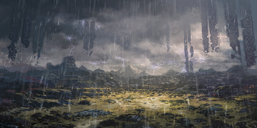 bad_id bad_pixiv_id cloud copyright_request crumbling ddal field grass lightning mountain no_humans outdoors photoshop_(medium) rain scenery