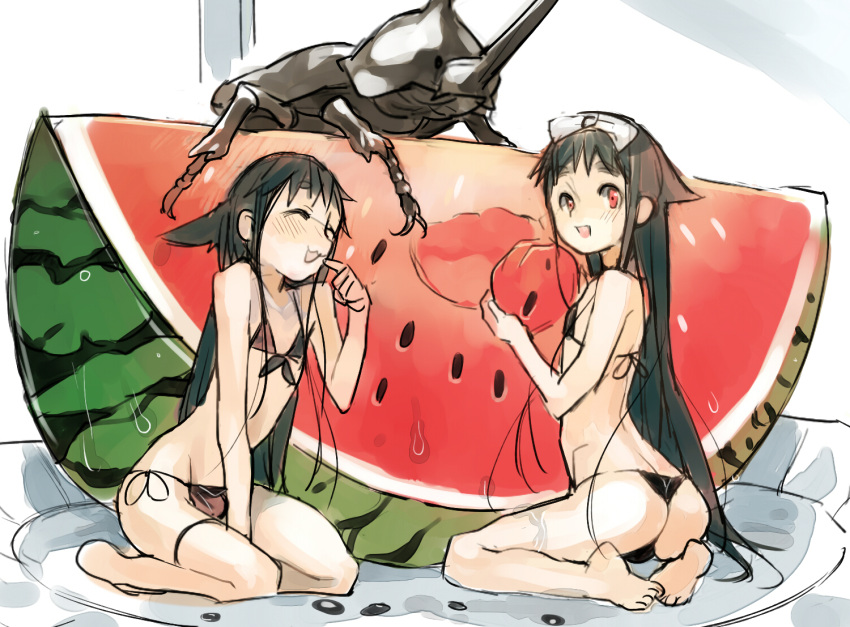 2boys barefoot beetle bikini black_hair bug coin_rand commentary_request crossdressing food fruit long_hair male_focus mini_person miniboy multiple_boys otoko_no_ko red_eyes swimsuit thong_bikini very_long_hair watermelon