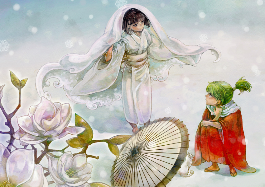 1boy bad_id bad_pixiv_id bob_cut brown_hair eye_contact faux_traditional_media feline female flower green_hair highres japanese_clothes kimono kuroda_kuroko looking_at_another magnolia obi oil-paper_umbrella original photoshop_(medium) sash short_hair umbrella