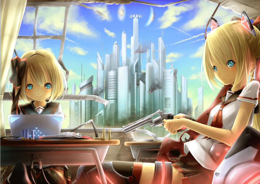 blonde_hair blue_eyes building city computer gun mechagirl muk original short_hair weapon