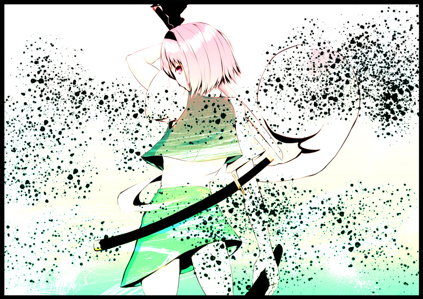 alternate_eye_color alternate_hair_color bad_id bad_pixiv_id black_hairband female hairband hat hat_ribbon highres hitodama houmatu_awa konpaku_youmu konpaku_youmu_(ghost) looking_back photoshop_(medium) pink_eyes pink_hair ribbon short_hair solo sword touhou weapon