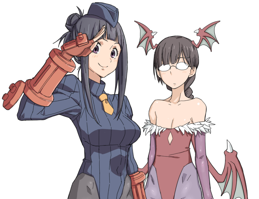 2girls bare_shoulders black_hair black_legwear blush braid breast_envy breasts chitanda_eru commentary_request cosplay diamond_cutout fingerless_gloves flat_chest glasses gloves hyouka juli_(street_fighter) juli_(street_fighter)_(cosplay) juumonji_kaho leotard lilith_aensland lilith_aensland_(cosplay) long_hair looking_at_viewer medium_breasts multiple_girls pantyhose purple_eyes red_leotard salute small_breasts street_fighter tenchisouha vampire_(game)