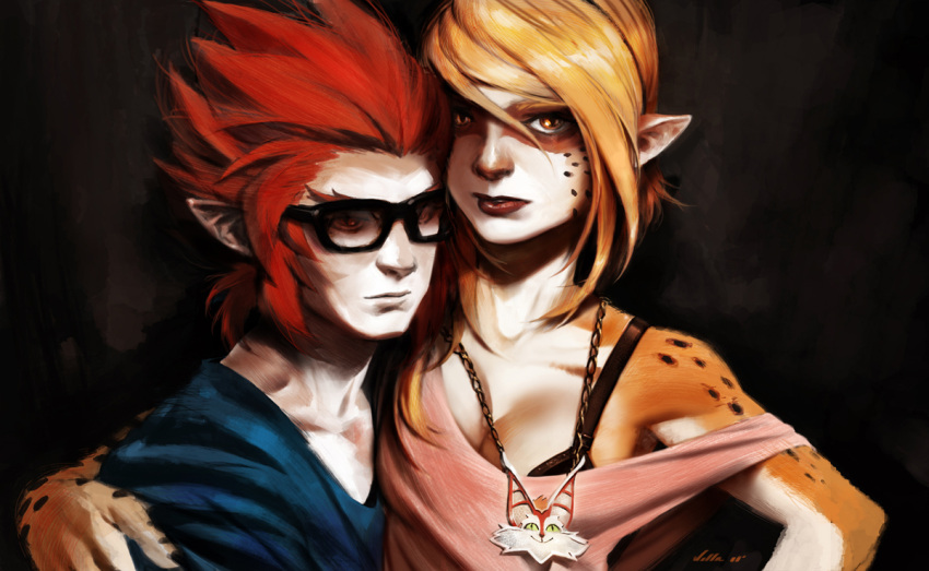 1boy arm_around_shoulder blonde_hair bra_strap breasts carlos_villa cheetara cleavage commentary_request couple female glasses jewelry lion-o lipstick looking_at_viewer makeup medium_breasts necklace pale_skin pendant photoshop_(medium) pointy_ears red_eyes red_hair snarf spiked_hair straight swept_bangs thundercats yellow_eyes