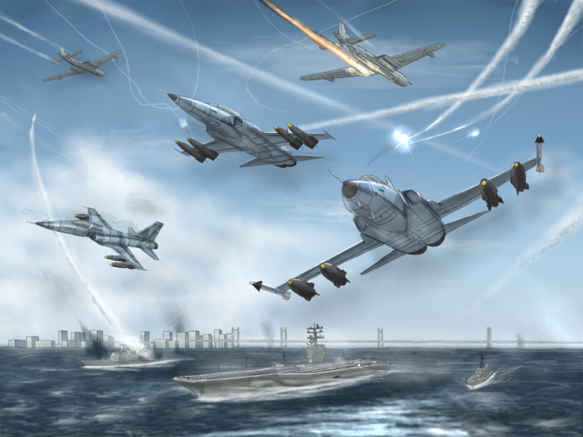 ace_combat ace_combat_5 aegis_cruiser aerial_battle aircraft aircraft_carrier airplane bad_id bad_pixiv_id bae_nimrod battle bomb bridge commentary contrail cruiser damaged day explosion explosive f-5_freedom_fighter fighter_jet flying jet military military_vehicle missile missile_trail no_humans ocean ofs_kestrel ragi_(00203) ship smoke smoke_trail ticonderoga_class vehicle_focus warship watercraft