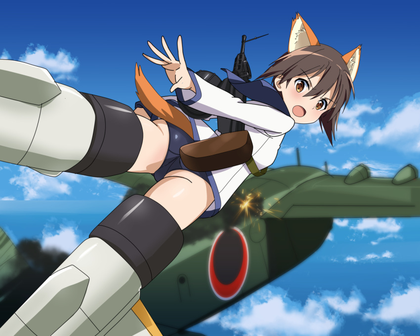 aircraft airplane animal_ears ass blue_one-piece_swimsuit blush breasts brown_eyes brown_hair commentary_request dog_ears dog_girl dog_tail dress female flying gun highres kaneko_(novram58) looking_back military military_uniform miyafuji_yoshika one-piece_swimsuit open_mouth raccoon_ears raccoon_tail rifle sailor_dress shiny_clothes short_hair sky small_breasts solo strike_witches striker_unit swimsuit tail uniform weapon world_witches_series