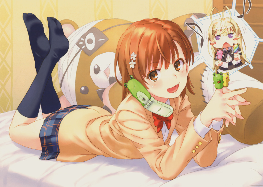 2girls absurdres age_difference black_legwear blue_sailor_collar brown_eyes brown_hair cellphone dress_shirt eyepatch febrie finger_puppet frog gekota hair_ornament highres kill_bear lolicon long_hair looking_at_viewer lying medium_hair misaka_mikoto multiple_girls on_bed on_stomach phone plaid plaid_skirt pleated_skirt puppet pyonko raika9 sailor_collar scan school_uniform serafuku shirt skirt smile socks stuffed_animal stuffed_toy teddy_bear toaru_kagaku_no_railgun toaru_kagaku_no_railgun_s toaru_majutsu_no_index tokiwadai_school_uniform winter_uniform