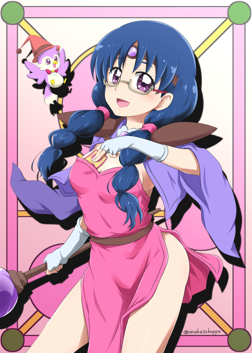 :d absurdres blue_hair breasts card cleavage commentary_request contrapposto cosplay cowboy_shot dress female fingerless_gloves gloves go!_princess_precure grey-framed_eyewear haou_taikei_ryuu_knight hat highres holding holding_card holding_staff long_hair looking_at_viewer low_twintails medium_breasts nanase_yui nita_(onakatohoppe) open_mouth paffy_pafuricia paffy_pafuricia_(cosplay) pink_dress precure red_hat semi-rimless_eyewear short_dress side_slit sideboob smile solo staff standing strapless strapless_dress twintails under-rim_eyewear white_gloves wide_sleeves witch_hat