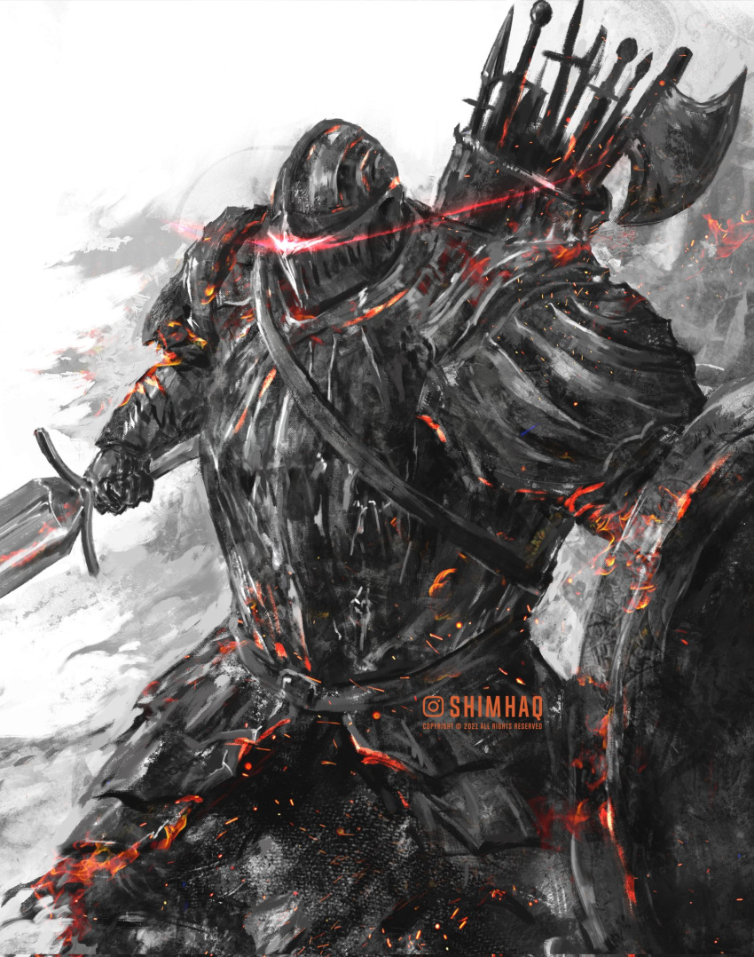 armor belt breastplate dark_souls_(series) dark_souls_ii embers eye_trail full_armor helmet highres holding holding_shield holding_sword holding_weapon light_trail male_focus pauldrons quiver shield shimhaq shoulder_armor signature solo sword the_pursuer weapon