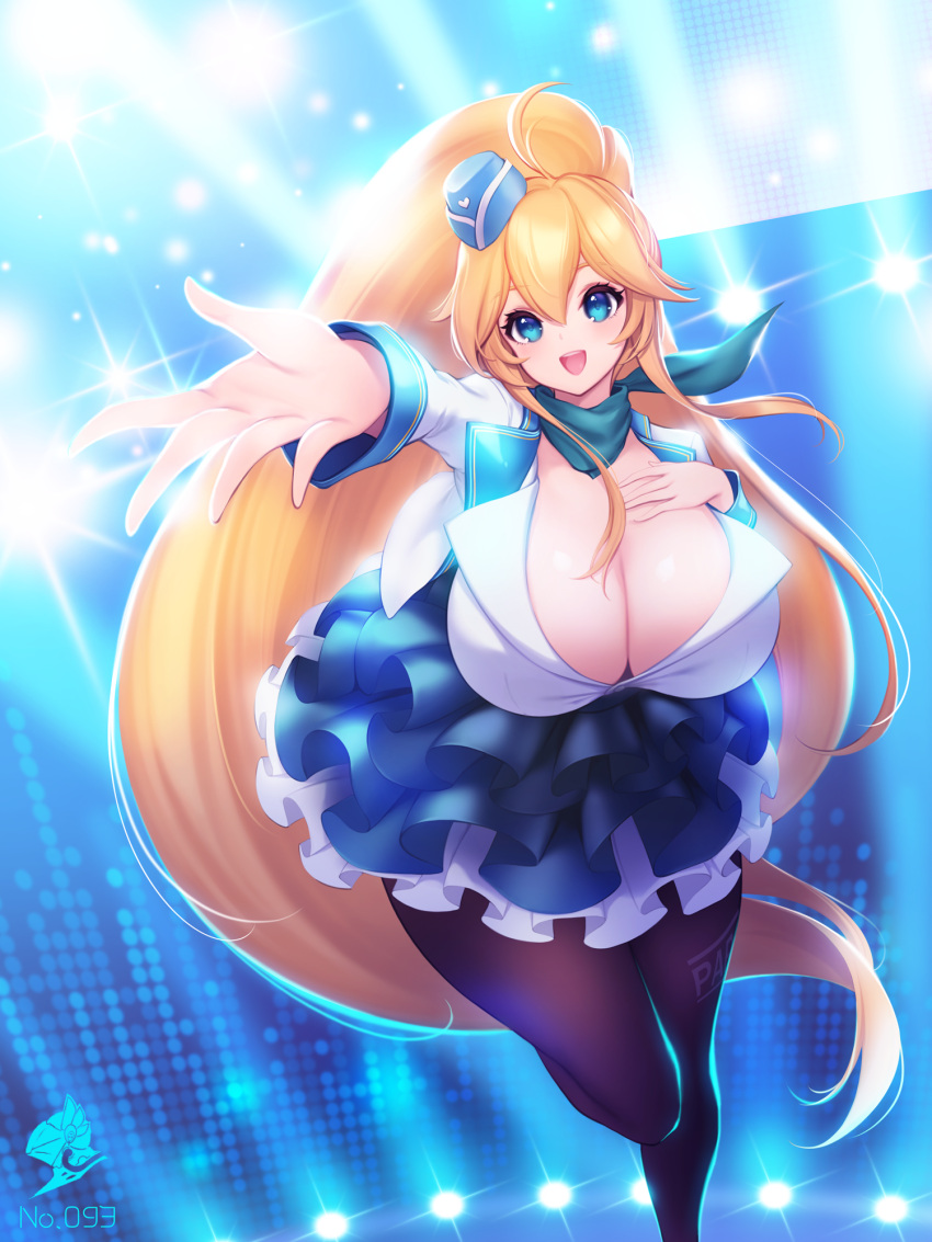 black_pantyhose blonde_hair blue_eyes blue_skirt blush breasts cleavage cropped_jacket female foreshortening garrison_cap hair_between_eyes harpyia_(last_origin) hat highres huge_breasts idol idol_clothes last_origin long_hair looking_at_viewer md5_mismatch official_alternate_costume open_mouth outstretched_arm pantyhose ponytail scarf skirt smile solo toriseru_(rare_stone) very_long_hair