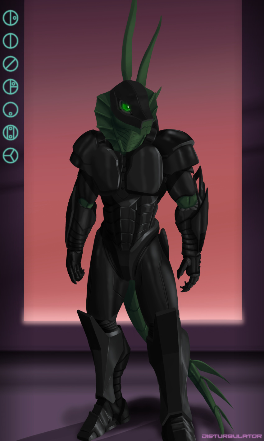 3:5 absurd_res anthro armor biomechanical bionicle boots clothing dizrahk dizrahk_(artist) footwear full-length_portrait gauntlets gloves green_body green_eyes green_skin handwear hi_res hood lego lizard long_tail male metal portrait rahkshi reptile scalie solo spines suit synthetic tail text