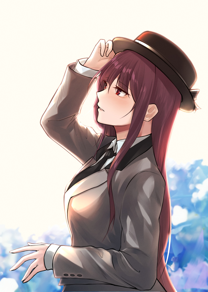 absurdres black_hat black_necktie blazer blush business_suit female formal girls'_frontline grey_jacket hair_between_eyes hand_on_headwear hat highres jacket long_hair looking_away necktie open_mouth profile purple_hair red_eyes shirt simple_background solo stigmamyu suit wa2000_(girls'_frontline) white_shirt